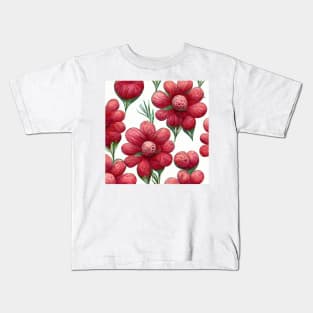 Puffy red and pink 3D flowers in a pattern with green stems on a white background. Kids T-Shirt